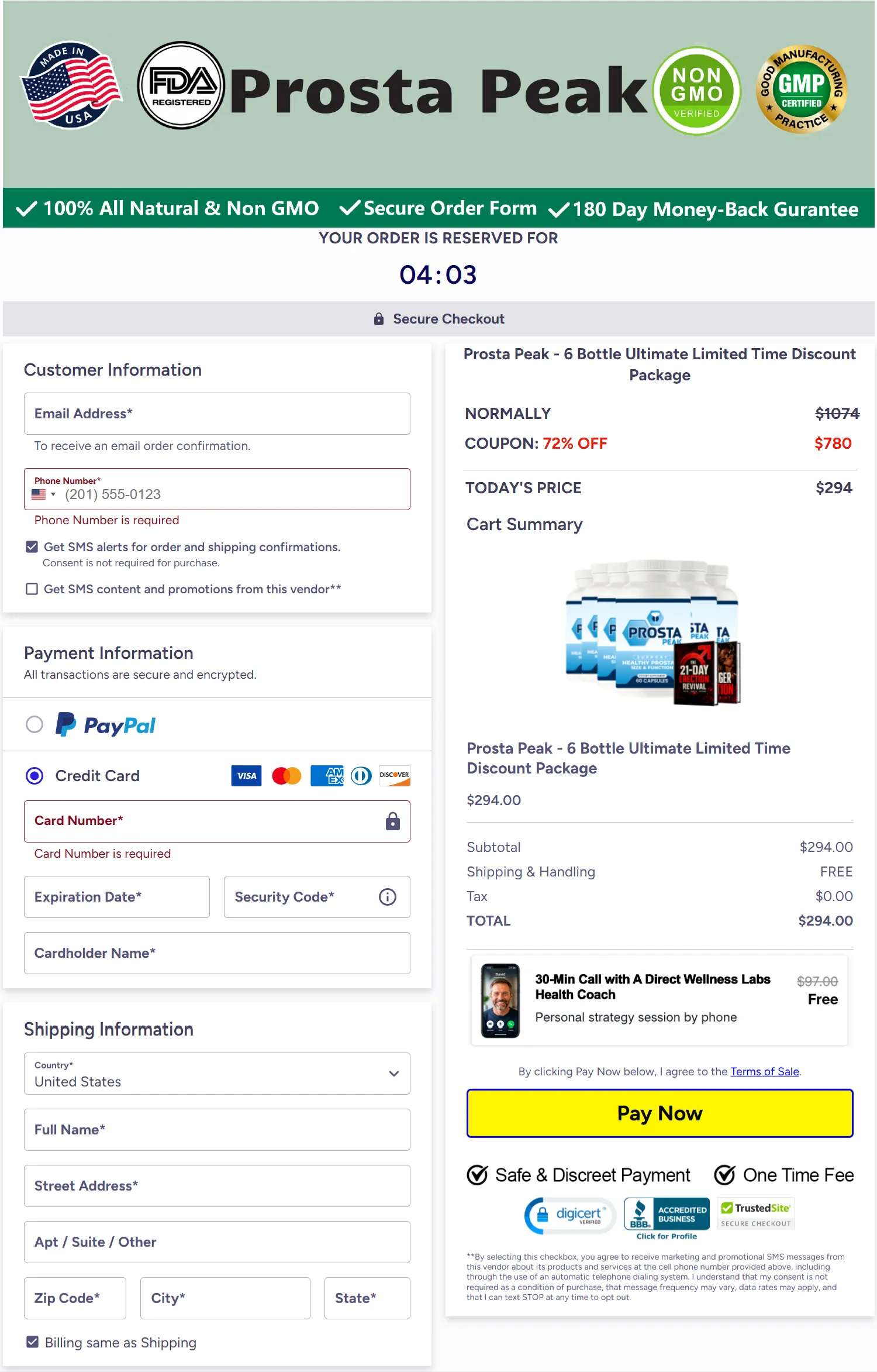 Prosta Peak checkout page